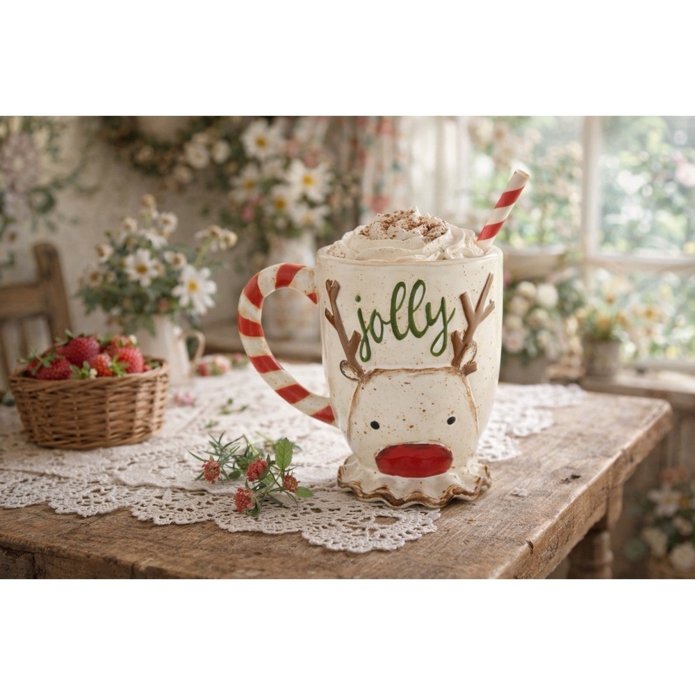 Mud Pie Jolly Reindeer Christmas Coffee Mug Tea Cup Candy Cane‎ Handle Farmhouse